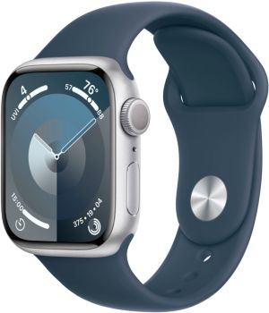 Apple Watch Series 9, 41 мм, корпус из алюминия серебристого цвета, спортивный ремешок цвета грозовой синий, размер M/L